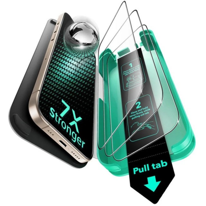 Pachet 3 x Folie Sticla Esr Armorite Compatibila Cu iPhone 18 Pro, Aplicator Inclus, Montaj Usor, Transparenta Cu Rama Neagra