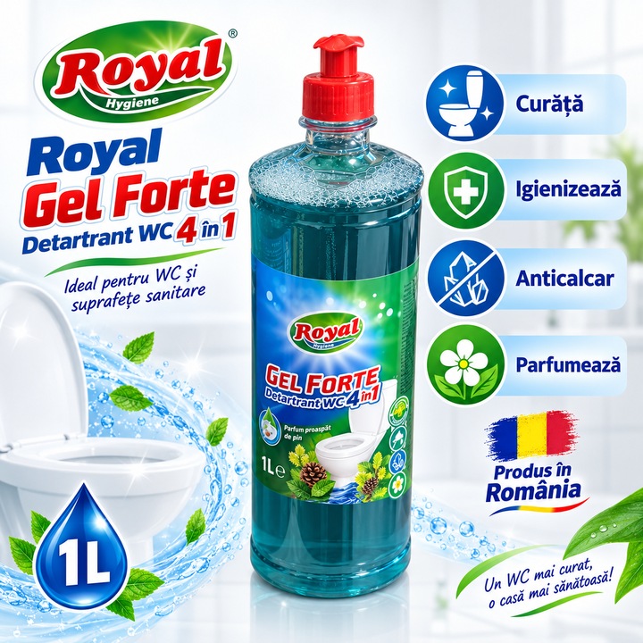 Detartrant WC 4 in 1 Cloret Gel Forte, Curata, Igienizeaza, Indeparteaza Calcarul si Parfumeaza, pentru Toaleta si Obiecte Sanitare, 1 L