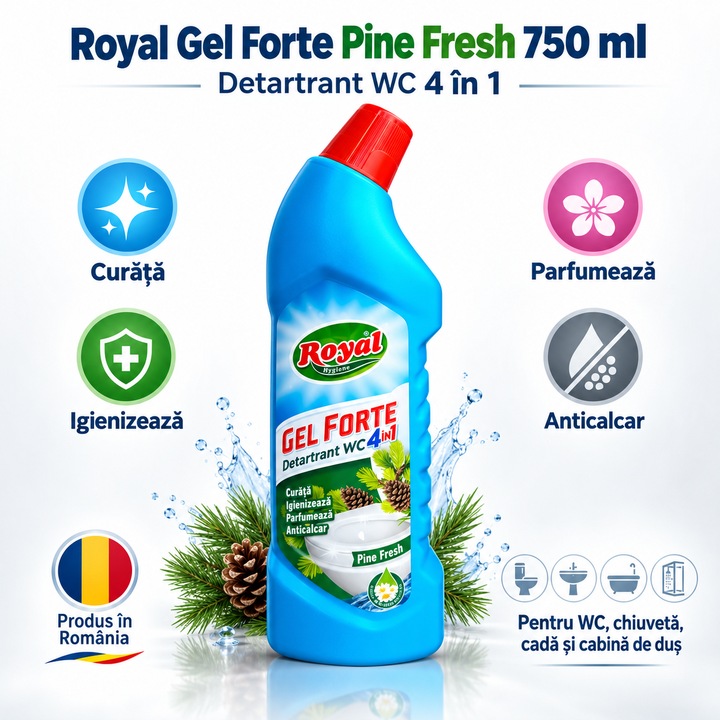 Detartrant WC 4 in 1 Royal Hygiene Gel Forte Pine Fresh, Curata, Igienizeaza, Parfumeaza si Indeparteaza Calcarul, cu Extract Natural de Musetel, Fabricat in Romania, 750 ml