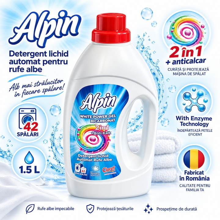 Detergent Lichid Automat pentru Rufe Albe Cloret Alpin White Power Gel cu Bicarbonat, Gel Concentrat, 2 in 1 + Anticalcar, 42 Spalari, Enzyme Technology, Fabricat in Romania, 1.5 L