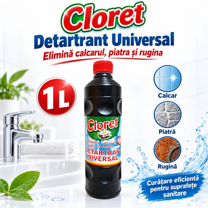Detartrant Universal Cloret, Elimina Calcarul, Piatra si Rugina, pentru Baie si Suprafete Compatibile, Curatare Intensiva, 1 L