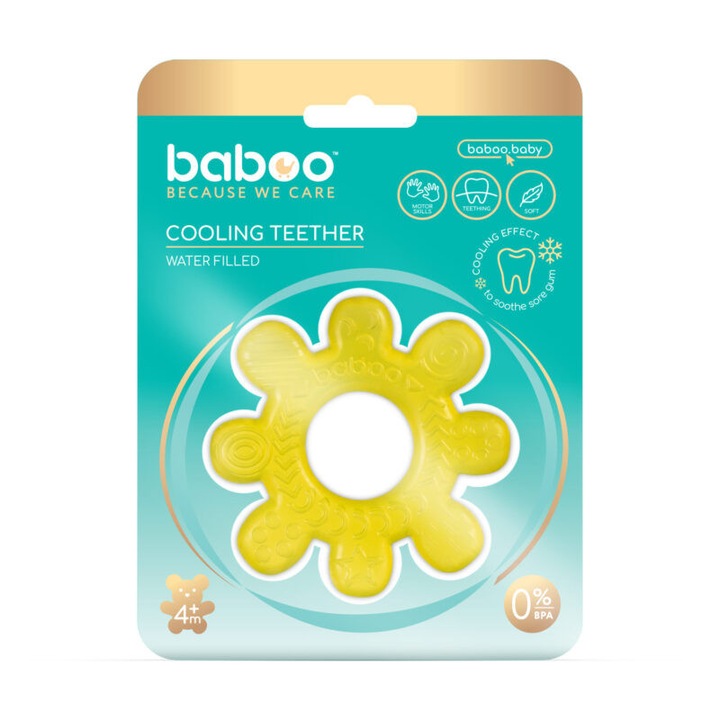 Охлаждаща чесалка за зъби с вода, модел Цвете, жълта, 4+ месеца - Baboo