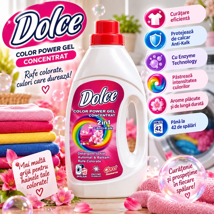 Detergent Lichid si Balsam pentru Rufe Colorate Dolce Cloret Color Power 2 in 1, Gel Concentrat, 42 Spalari, Anticalcar, Enzyme Technology, 1.5 L