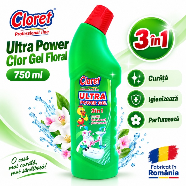 Detartrant WC 3in 1 Ultra Power Clor Gel Floral, Curata, Igienizeaza si Parfumeaza, Inalbitor pentru Tesaturi, Baie, Bucatarie si WC, Formula Densa, HoReCa, 750 ml
