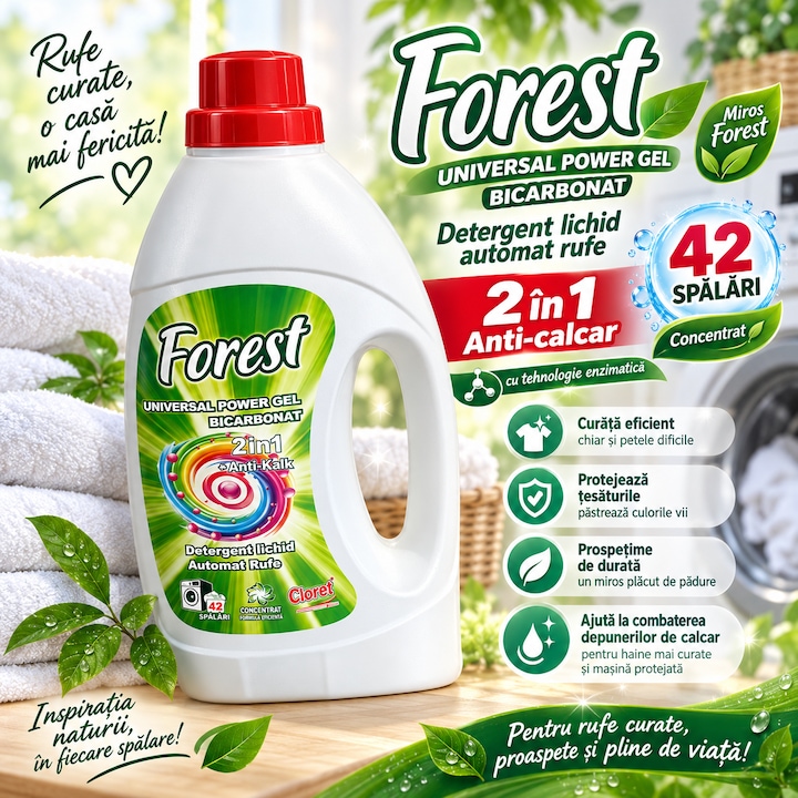 Detergent Lichid Automat Rufe Cloret Universal Power Forest, Gel Concentrat, 42 Spalari, 2 in 1 Anticalcar, Enzyme Technology, Parfum Forest, 1.5 L