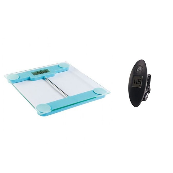 Pachet Promo Cantar Digital Corporal DomoClip DOM253BA, 150 kg, Stand-by automat, Indicator consum Baterie, Albastru + Cantar de mana pentru bagaje Clip Sonic TEA149N , max 40 kg , Negru