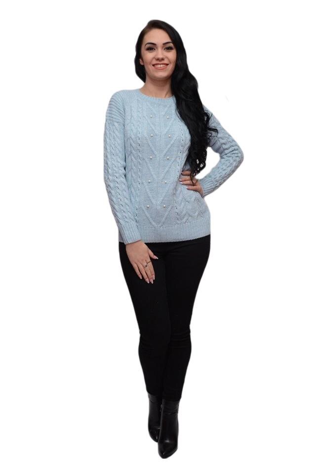 Bluza lejera, cu diferite modele de tricot si margele aplicate, D&J Exclusive, Albastru