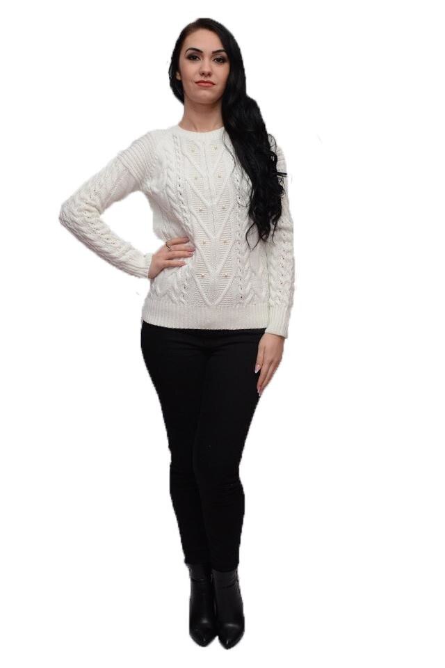 Bluza lejera, cu diferite modele de tricot si margele aplicate, D&J Exclusive, Alb