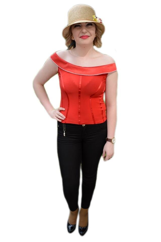 Top de ocazie, fara bretele si guler tip sal, D&J Exclusive, Rosu