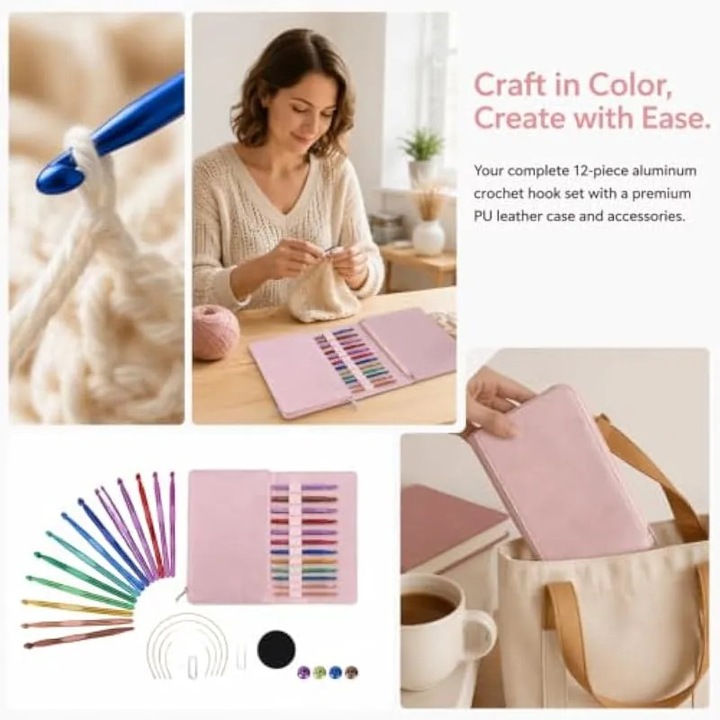 Set de crosete tunisiene, 3, 0 – 10 mm, interschimbabile, crosete cu snur de 40 cm/60 cm/80 cm/100 cm si geanta de depozitare roz, pentru incepatori