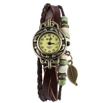 Ceas de dama Retro Vintage, curea din imitatie de piele, accesoriu frunza, culoare Maro Ceas de dama Retro Vintage, curea din imitatie de piele, accesoriu frunza, culoare Maro