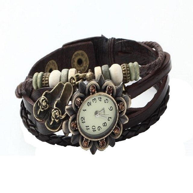 Ceas de dama Retro Vintage, curea din imitatie de piele, accesoriu papuci de casa, culoare Maro