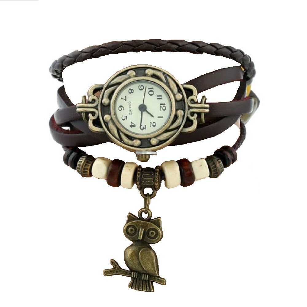 Ceas de dama Retro Vintage, curea din imitatie de piele, accesoriu bufnita, culoare Maro