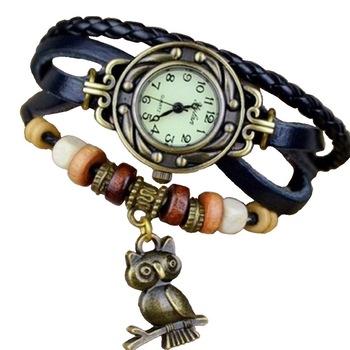 Ceas de dama Retro Vintage, curea din imitatie de piele, accesoriu bufnita, culoare Negru Ceas de dama Retro Vintage, curea din imitatie de piele, accesoriu bufnita, culoare Negru