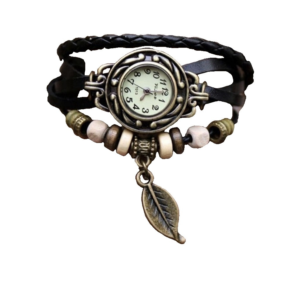 Ceas de dama Retro Vintage, curea din imitatie de piele, accesoriu frunza, culoare Negru