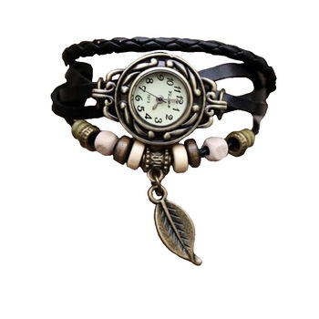 Ceas de dama Retro Vintage, curea din imitatie de piele, accesoriu frunza, culoare Negru Ceas de dama Retro Vintage, curea din imitatie de piele, accesoriu frunza, culoare Negru