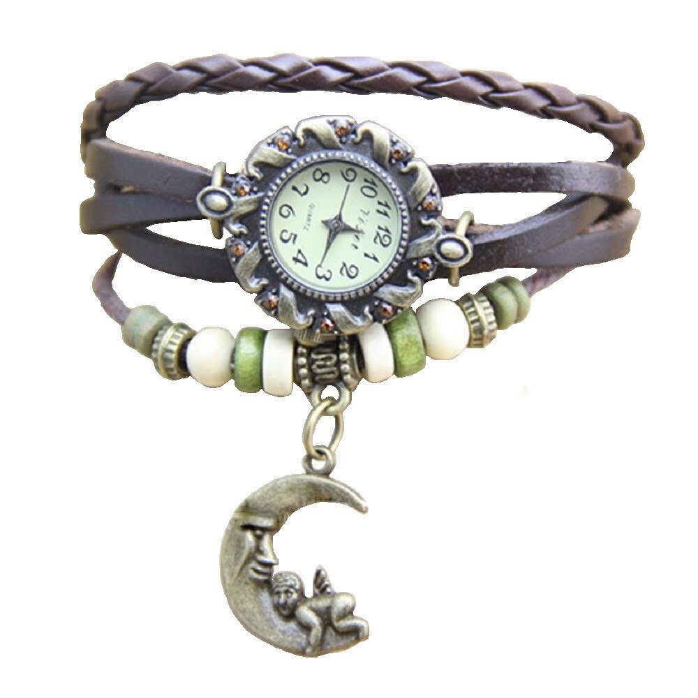 Ceas de dama Retro Vintage, curea din imitatie de piele, accesoriu luna, culoare Maro