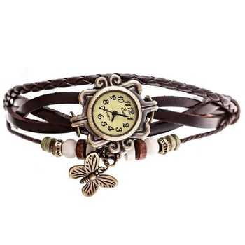 Ceas de dama Retro Vintage, curea din imitatie de piele, accesoriu fluture, culoare Maro Ceas de dama Retro Vintage, curea din imitatie de piele, accesoriu fluture, culoare Maro