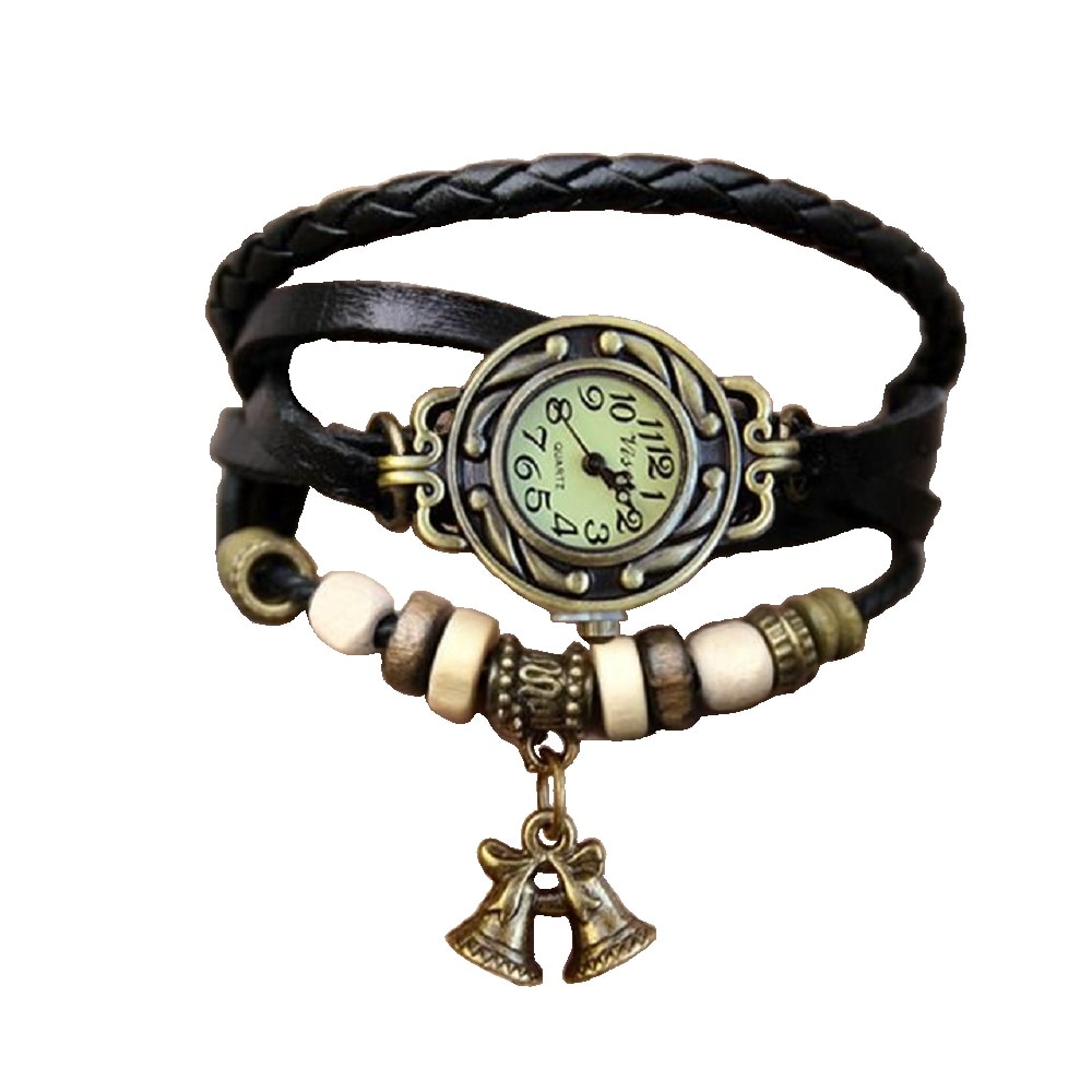 Ceas de dama Retro Vintage, curea din imitatie de piele, accesoriu clopot, culoare Negru