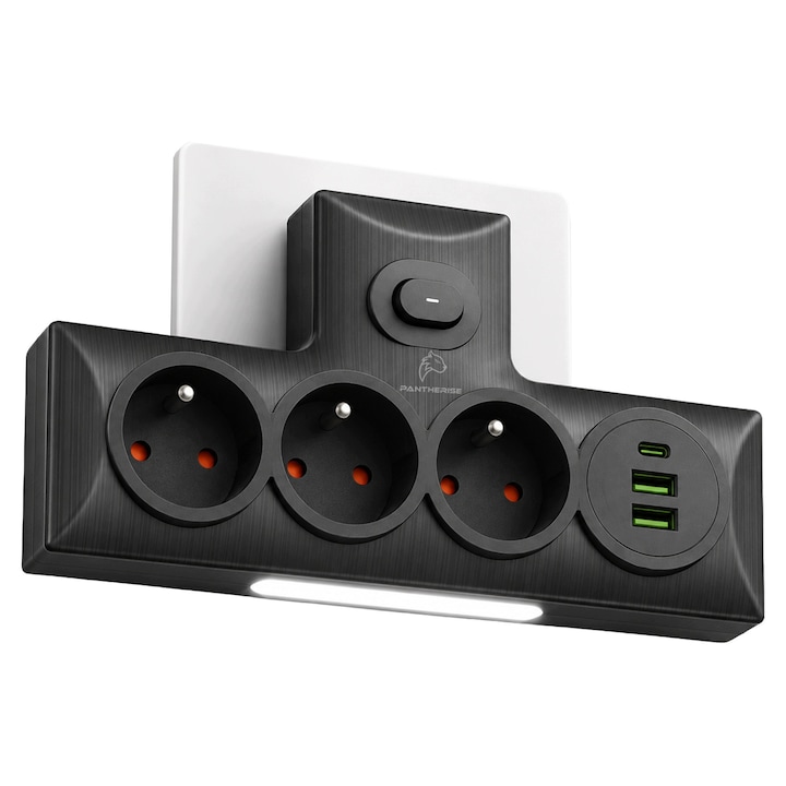 Adaptor Priza Perete, Pantherise, T LINE 343, 3 Prize, 3 USB, USB-C 20W, Lampa LED 3 Culori, 2500W