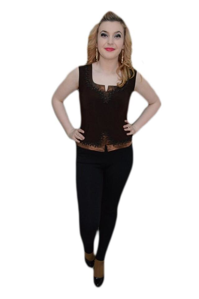 Top elegant fara maneca, detalii satinate, D&J Exclusive, Maro
