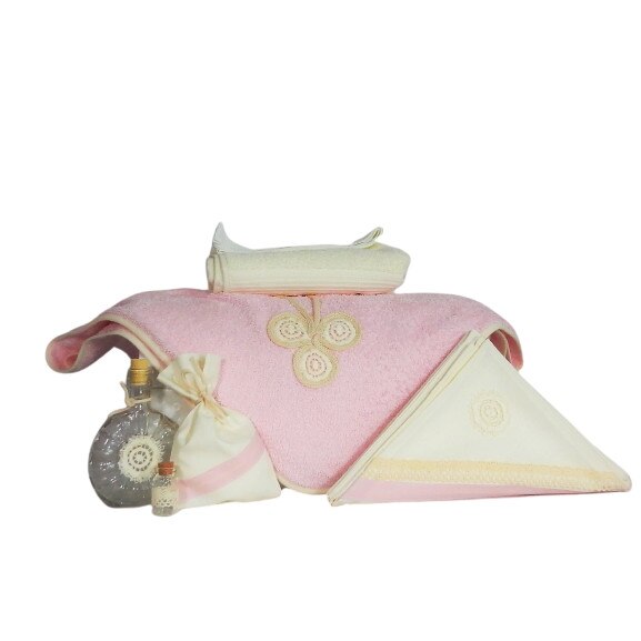 Set botez unicat roz 7 piese- Trusou biserica Trifoi Ivoire- Odorul Mamei