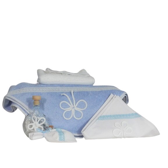 Set botez unicat bleu 7 piese- Trusou biserica Ursitoarea cu Noroc- Odorul Mamei