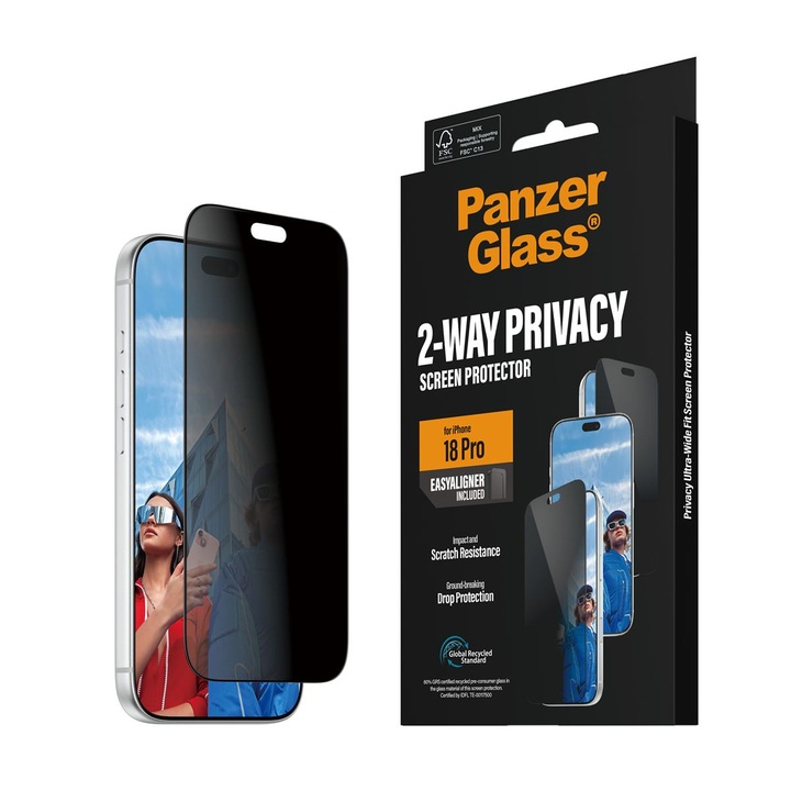 Protector de sticlă PanzerGlass pentru iPhone 18 Pro, 2-Way Privacy, Ultra-Wide Fit cu EasyAligner