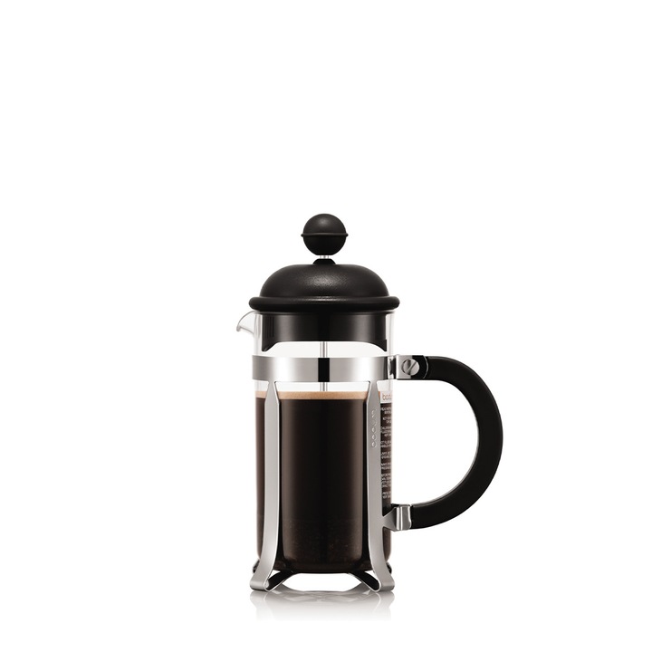 Cafetiera French press Bodum Caffettiera 1913-01, sticla borosilicat si carcasa din inox, negru/inox, 350 ml
