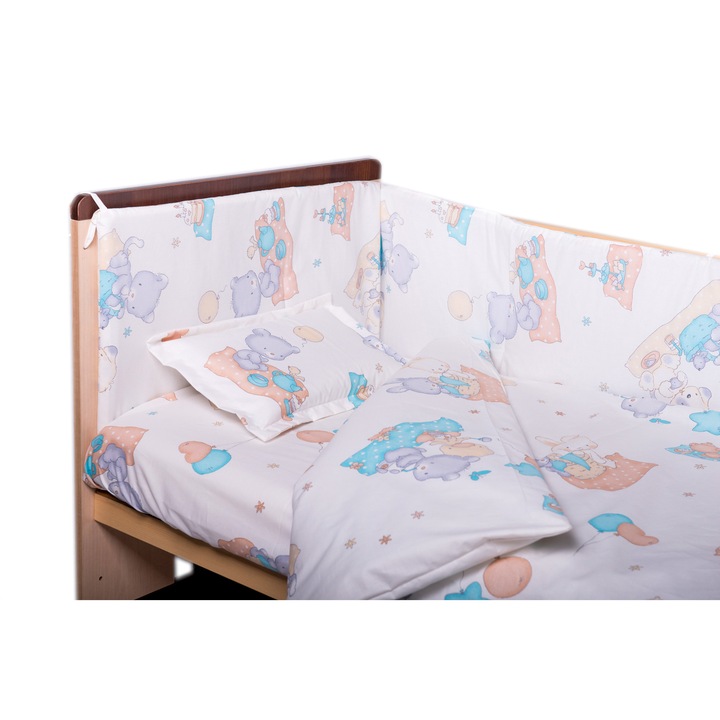 Garnitura de pat completa Amoras Deluxe, 7 piese, ursulet cu prieteni, turcoaz