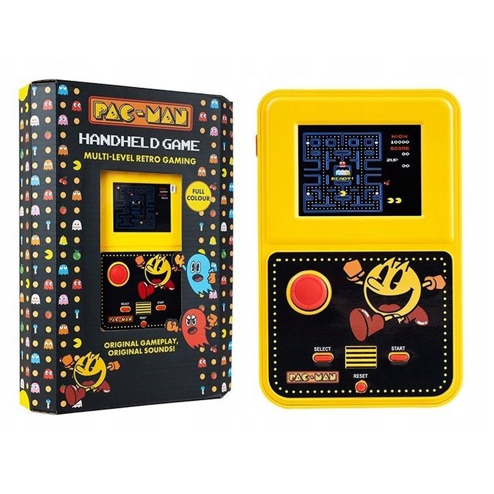 Consola arcade portabila Pac-Man Retro, Fizz Creations, consola portabila color, 2, 5 inch, ecran color, joystick rosu, sunete arcade autentice, alimentata de 4 baterii