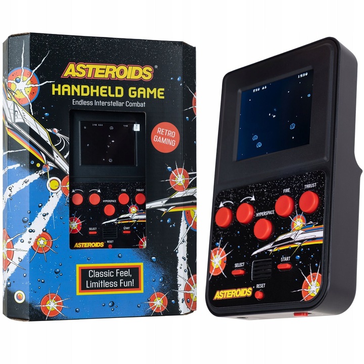 Consola arcade retro portabila Asteroids Color, Fizz Creations, 320188, Color, Ecran de 2, 5 inch, Licentiata oficial, Sunete arcade, Joc pe mai multe niveluri, Alimentata de 4 baterii AAA, Negru, Consola