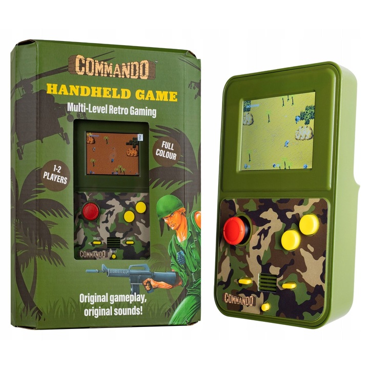 Consola arcade retro portabila Fizz Creations Commando Color, 2, 5 inci, 1-2 jucatori, ecran color complet, sunete retro originale, joc pe mai multe niveluri, alimentata de 4 baterii AAA, neagra, consola portabila, plastic, licentiata