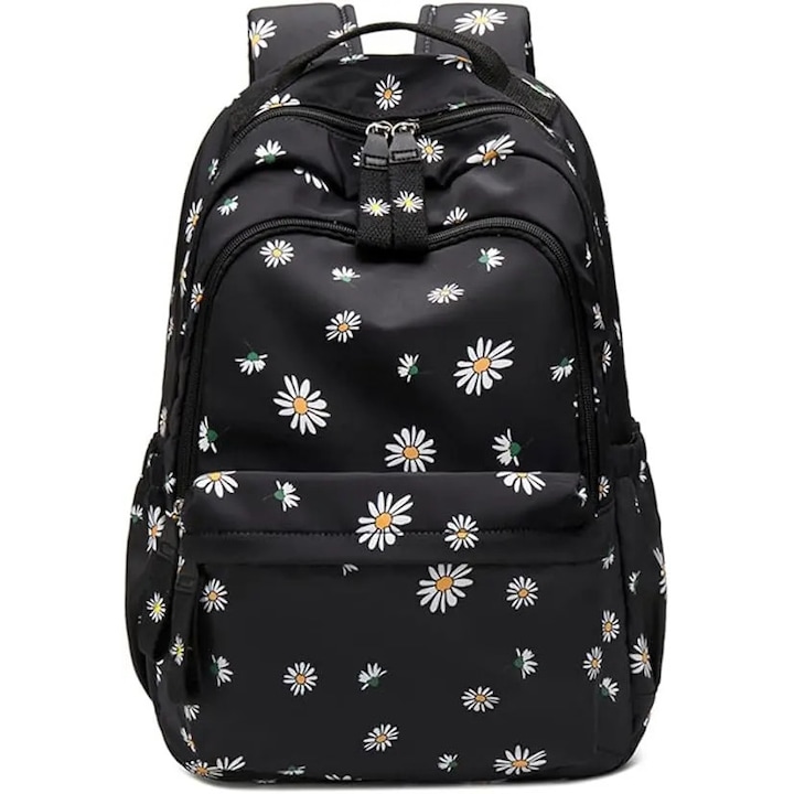 Rucsac laptop din material impermeabil, capacitate 30 L, buzunar captusit pentru laptop pana la 14 inch, buzunare multiple, imprimeu cu margarete si funda decorativa, Multicolor, ISINI-CJ-K0497-260910-1593