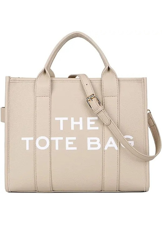 Голяма чанта тип тоут от екологична кожа, с отпечатан текст "THE TOTE BAG", бежова, един размер