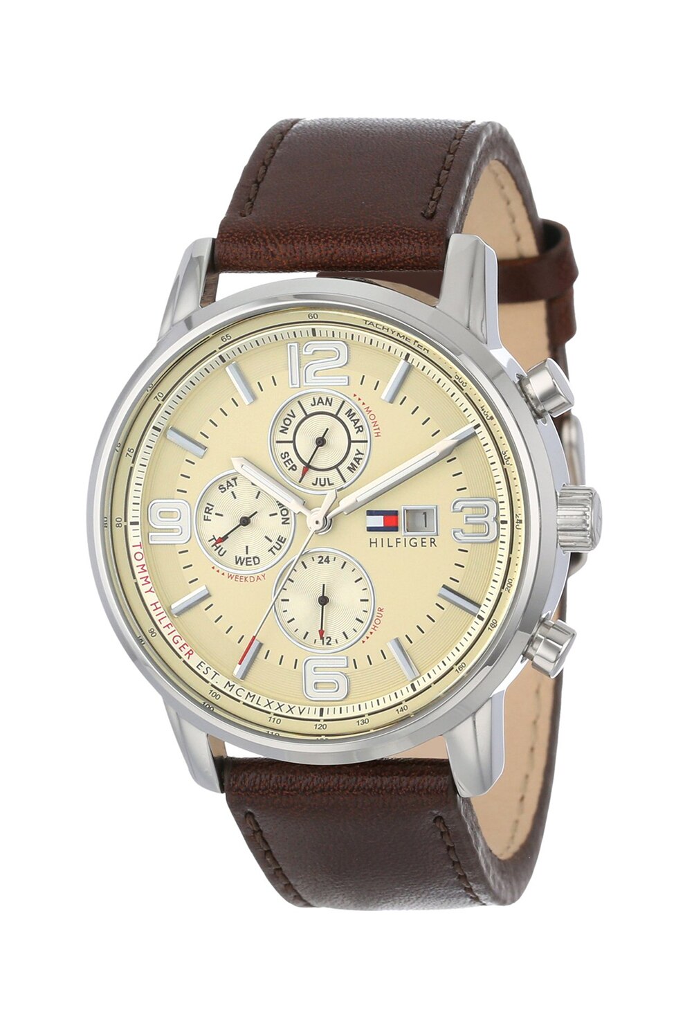 Tommy Hilfiger, Ceas cu functii multiple si curea de piele, Maro inchis