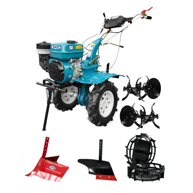 Motocultor Profesional DKD HS 1000B, motor 7 CP, latime de lucru 110 cm, senzor de ulei, freze de lucru, roti cauciuc, roti metalice, plug arat, rarita reglabila