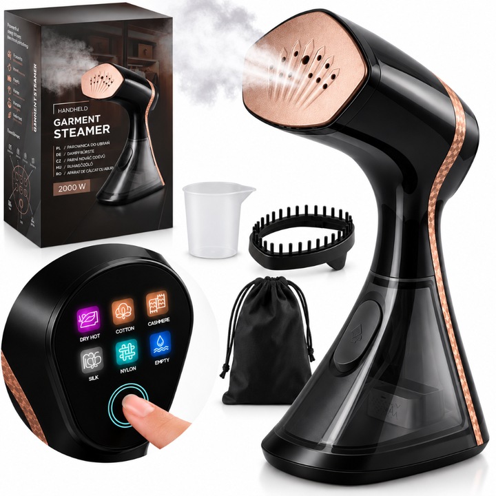 Aparat Calcat Vertical cu Aburi, Putere 2000W, Fier Calcat cu Incalzire Rapida, 5 Moduri de Calcare, Afisaj LCD, Rezervor Detasabil 320 ml, Abur Variabil 37 g/min, Portabil, Perie pentru Tesaturi Groase, Pahar Gradat, Saculet Inclus, Negru