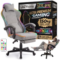 Scaun gaming LAZYhome LC12, cu LED RGB, functie masaj USB, podnozek extensibil, mecanism Cradle, material textil, gri, capacitate 150 kg