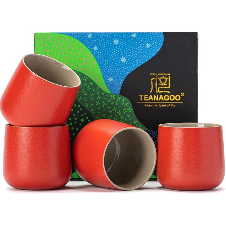 Set 4 Cani Ceramice Rosii 205ml, Portelan, pentru Ceai/Sake