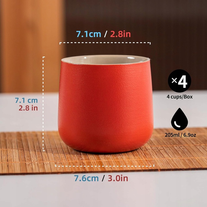 Set 4 Cani Ceramice Rosii 205ml, Portelan, pentru Ceai/Sake