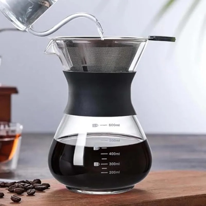 Cafetieră Pour Over 600 ml, sticlă borosilicată, filtru manual din oțel inoxidabil, negru