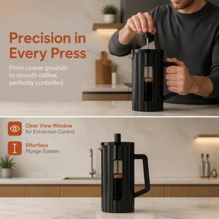 Cafetieră French Press, 1000 ml, sticlă borosilicată, filtru din oțel inoxidabil, transparent