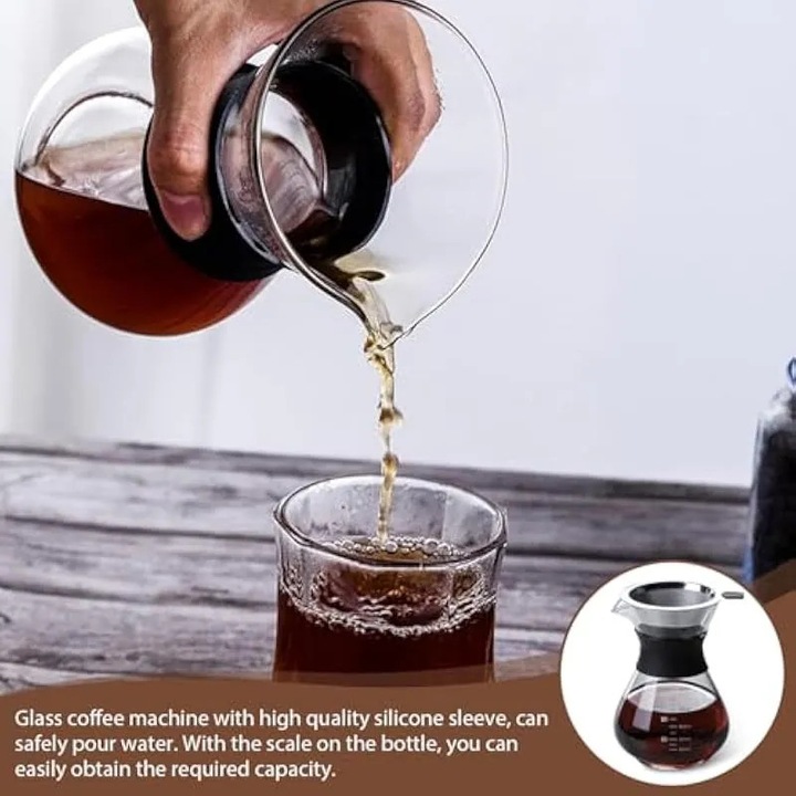 Cafetieră Pour Over, 600 ml, filtru din oțel inoxidabil și sticlă, pentru acasă, camping