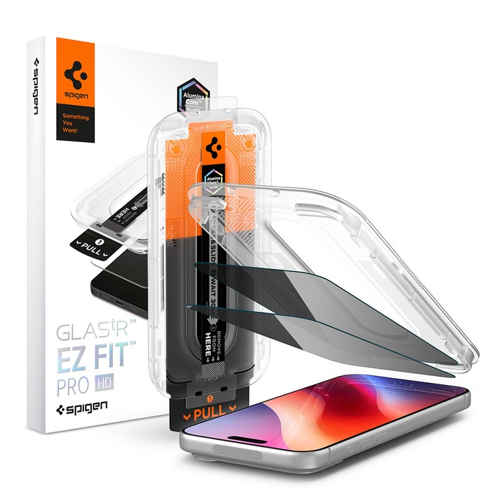 Pachet 2 buc Folie Sticla Privacy pentru Apple iPhone 18 Pro Max Spigen Glas.tR EZ-FIT Pro HD, Kit de instalare usoara si rapida cu dispozitiv de potrivire automata, Protectie Profesionala, Ultra Rezistenta