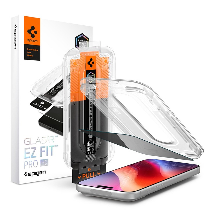 Folie Sticla Privacy pentru Apple iPhone 18 Pro Max Spigen Glas.tR EZ-FIT Pro HD, Kit de instalare usoara si rapida cu dispozitiv de potrivire automata, Protectie Profesionala, Ultra Rezistenta