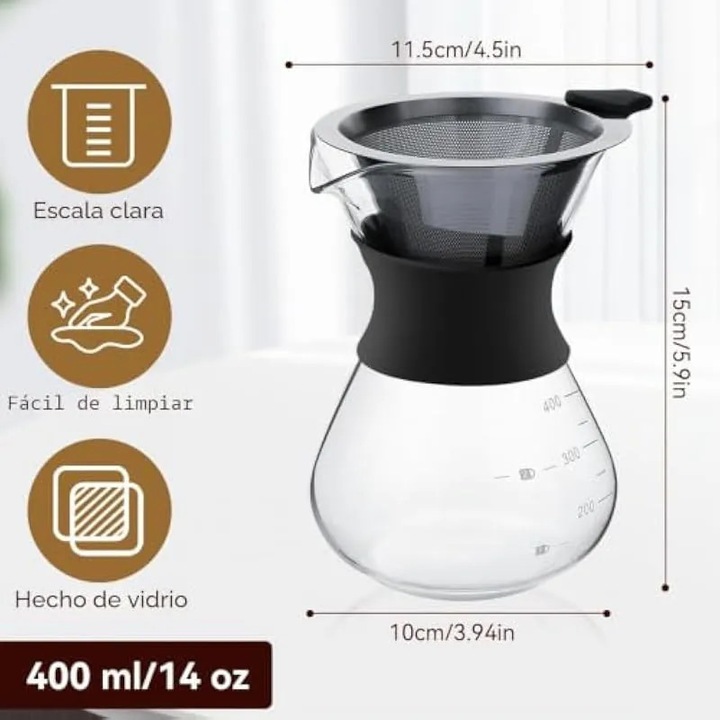 Cafetieră set 2-3 cesti, filtru inox, sticlă, 400 ml