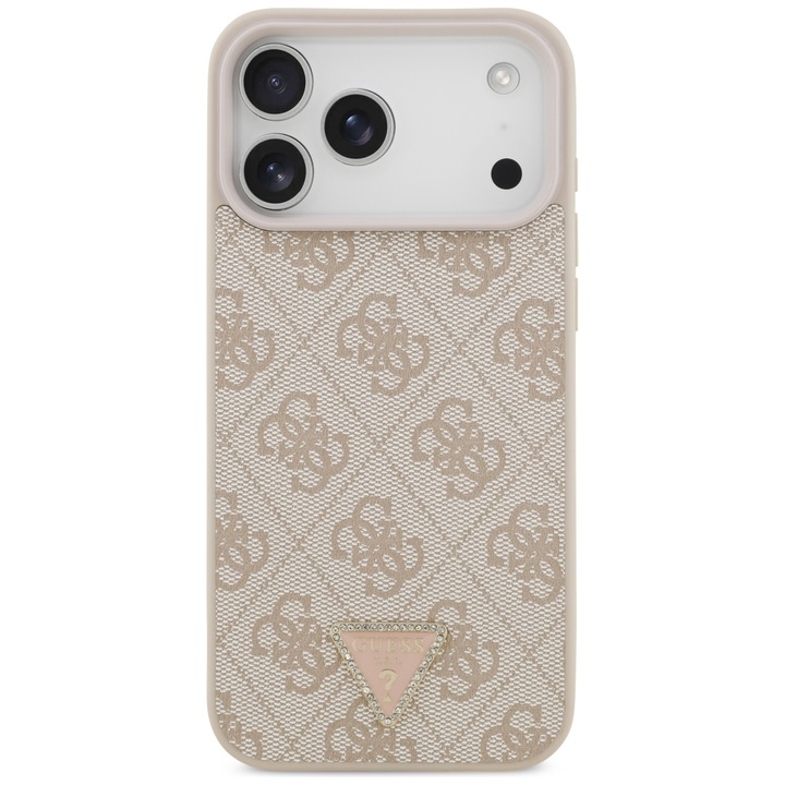 Husa Guess Leather 4G Triangle Stras cu MagSafe compatibila cu iPhone 17 Pro Max / 18 Pro Max, Roz