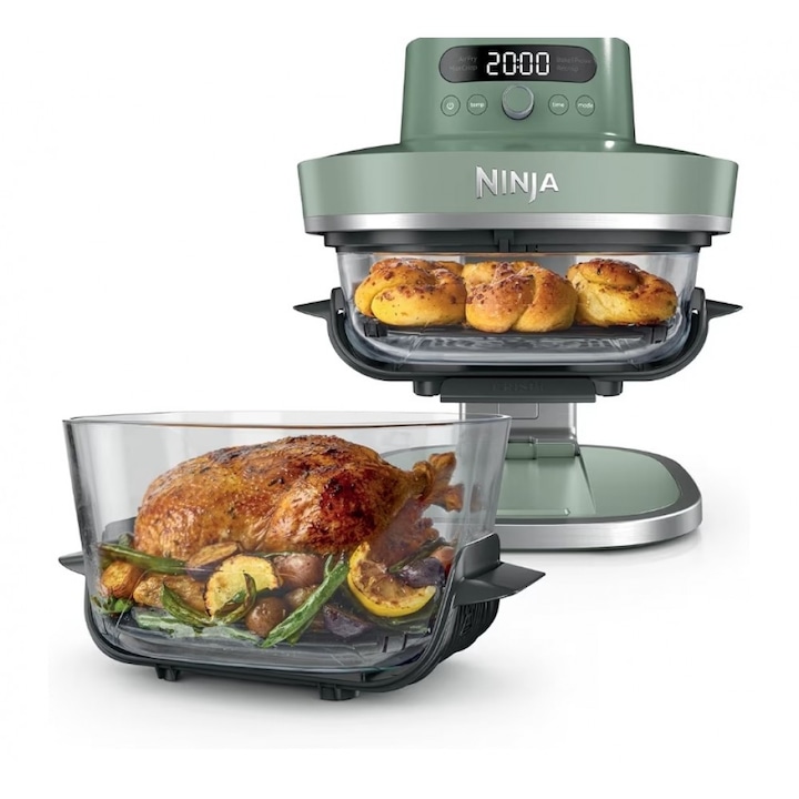 Фритюрник с горещ въздух, Ninja CRISPi PRO XL AS090EUGN, 2050 W, 5 функции за готвене, стъклени съдове CleanCrisp 5,7 L и 2,3 L, капаци за съхранение, Moss Green
