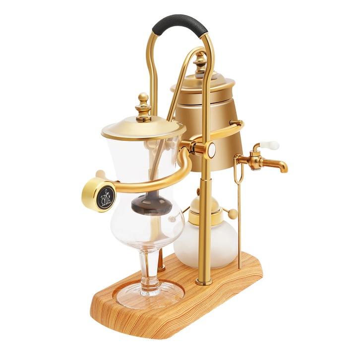 Aparat cafea sifon vintage, Model balans manual, Sticla borosilicata, Capacitate 400 ml, Arzator cu alcool, Stil retro, De sine statator, Auriu
